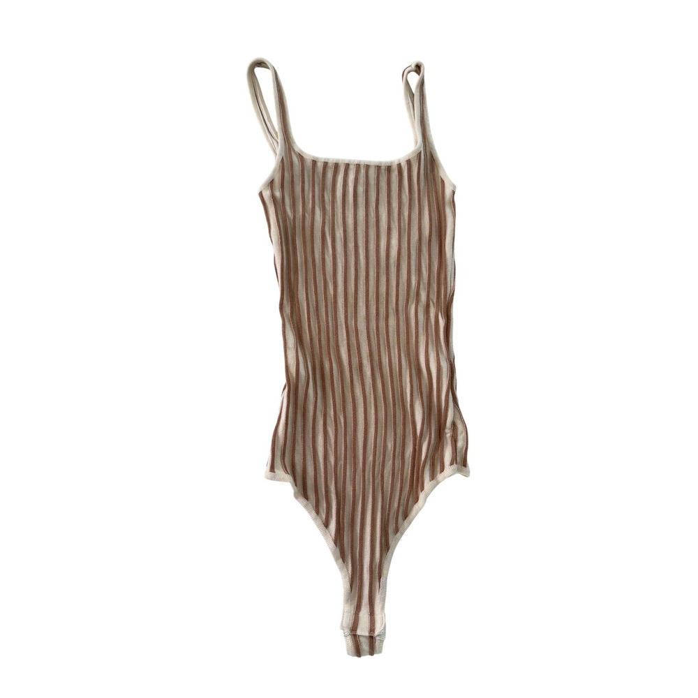 Le Lis Collection Tan Cream Striped Ribbed Knit Bodysuit Square Neck Small